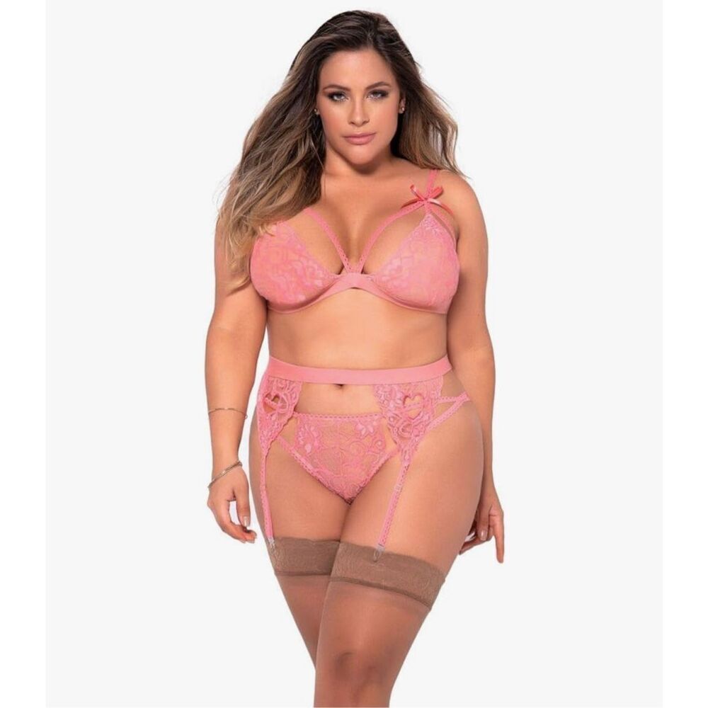 Mapalé NWT Bodacious 3 Pc. Lace Garter Set with Heart Cutouts Light Pink 1/2X